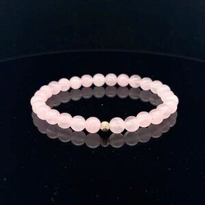 Gemstones Rose Quartz 6mm Stretchable Bracelet 14k Gold Corrugated Bead Charm